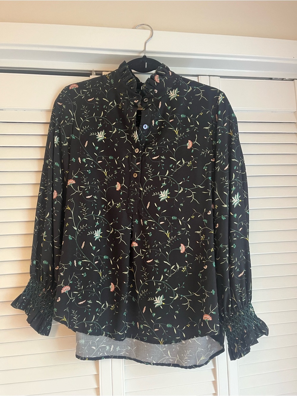 Tuckernuck Black Floral Ruffle-Neck Button Blouse